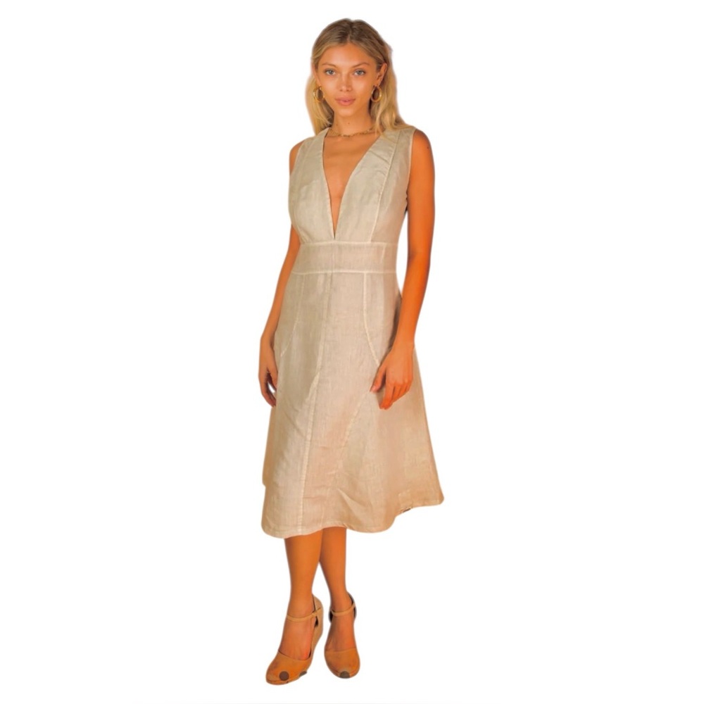 Claudio Milano Cut & Sew Plunge Neck Knee Length Linen Dress in Natural Size XS